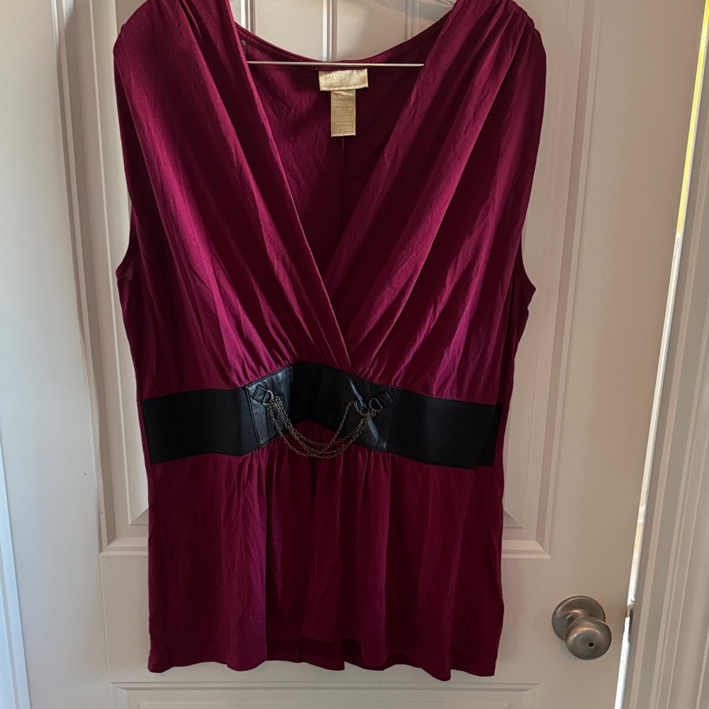 Miss Tina Burgundy V-Neck Blouse with Black Accent